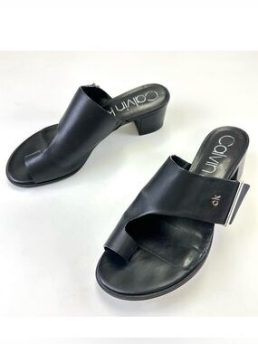 Calvin Klein black sandals Womens size 10 Daniela block heel slide on split toe